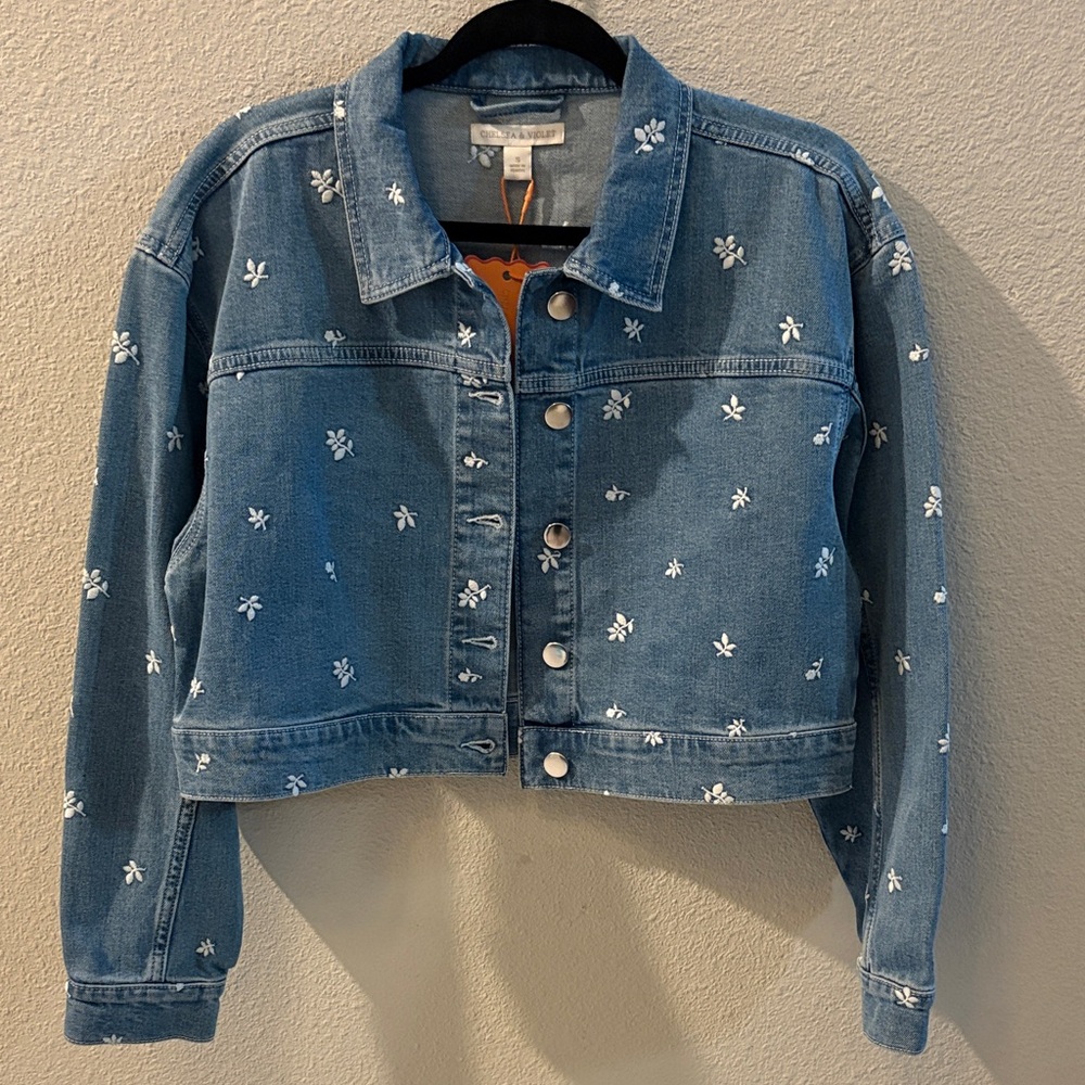 NWT Chelsea & Violet Blue Denim Jacket with White Floral Embroidery